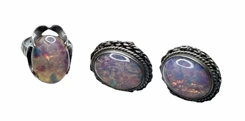 Vintage Mexico Fire Opal Ring & Earring Set Sterling Silver Sz 6-6.5 Signed JS