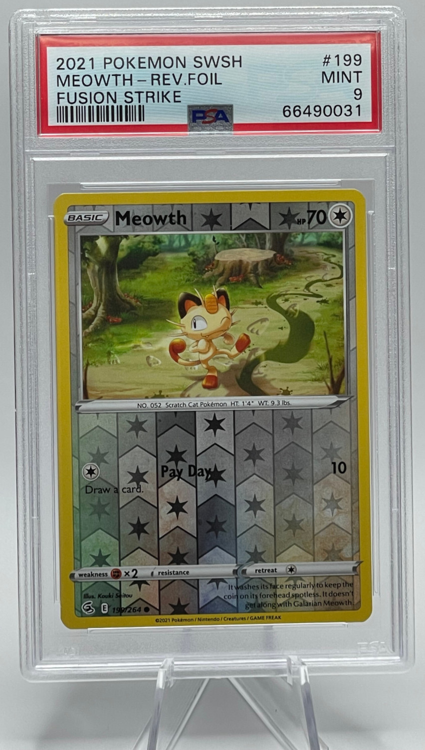 2021 POKEMON SWORD & SHIELD FUSION STRIKE #199 MEOWTH-REVERSE FOIL PSA 9 MINT