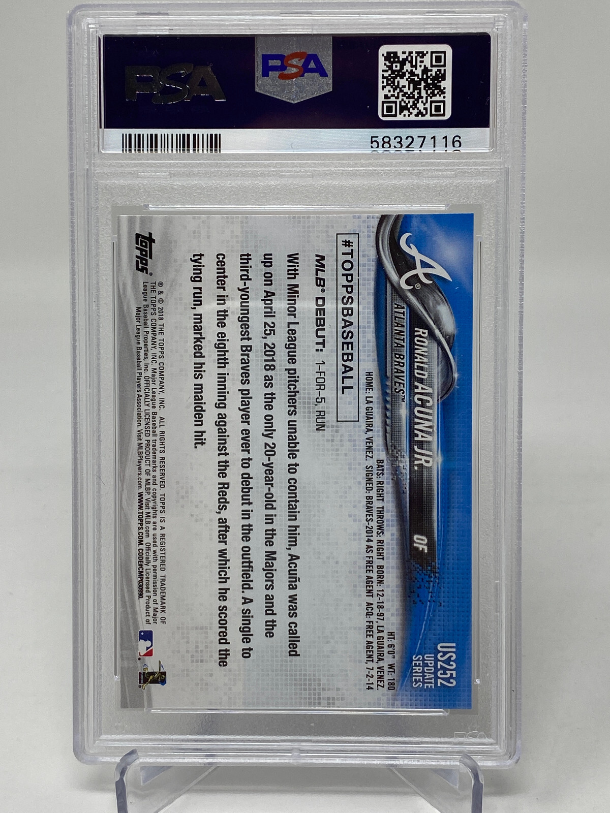 2018 Topps  Update #US252 Ronald Acuna Jr.  PSA 10 Rookie Card RC view 8