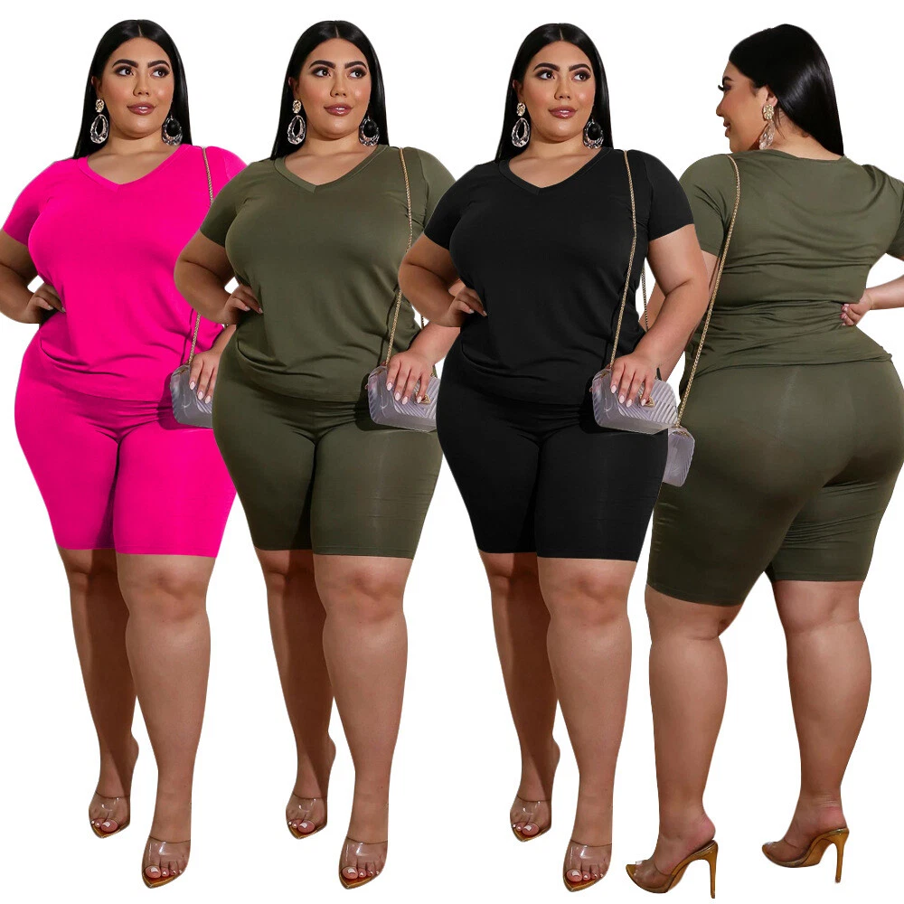 NEW Women s Stylish Short Sleeves V Neck Solid Color Plus Size Jumpsuit 2pcs