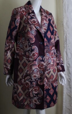 Chico's Sz 1 M BOHO Patchwork Funky Lux Paisley Art-Wear LONG Jacket Coat