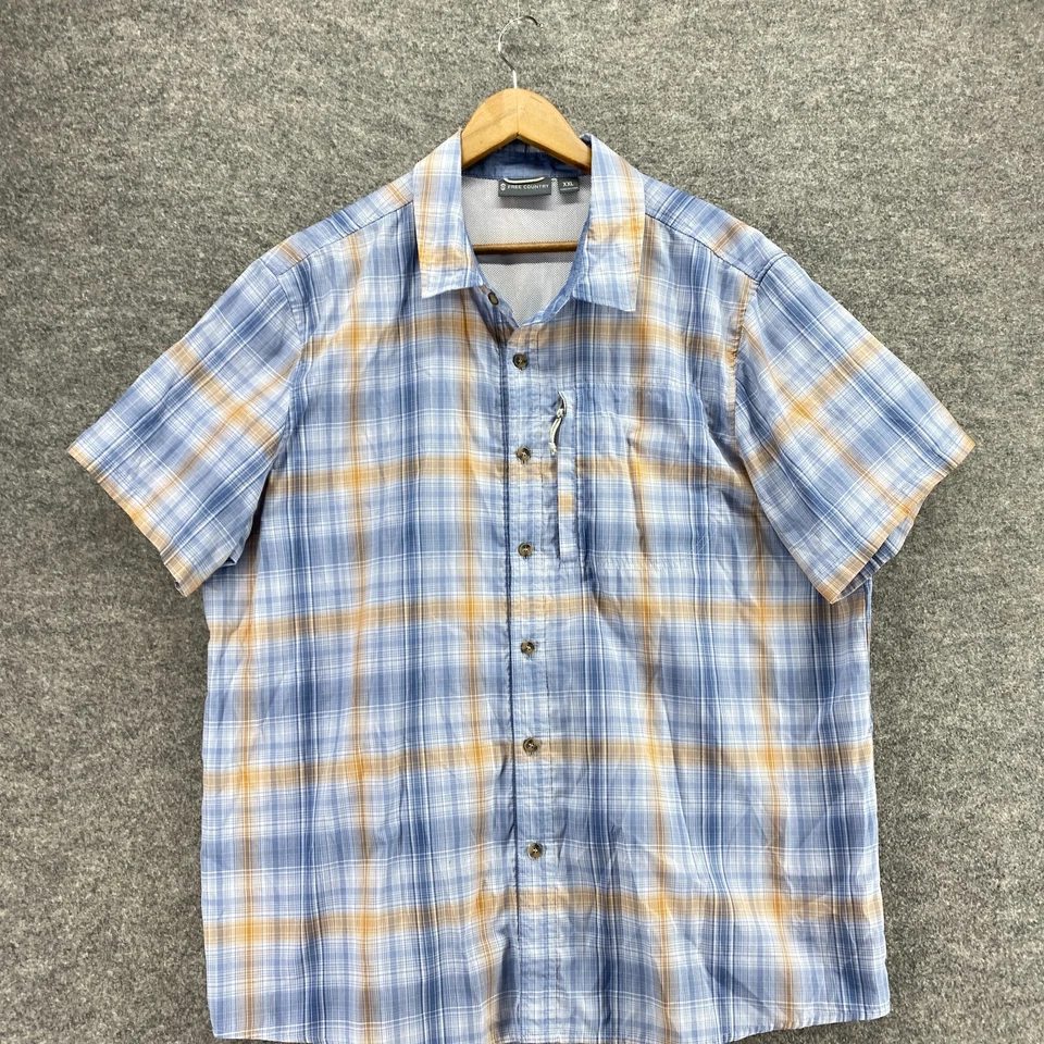 Camisa Free Country Hombre 2XL Azul A Cuadros Cuello Abotonado Manga Corta Forrada Foto 3 de 4