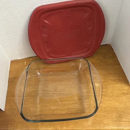 VTG Anchor Hocking Oven Ware 2 QT Square Baking Dish with Red Lid Glass 8x8x2.5"