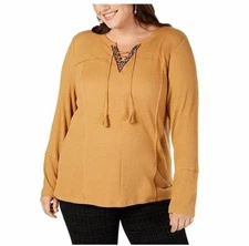 Style & Co Womens Plus 0X Mustard Yellow Thermal Knit BOHO Long Sleeve Top NEW