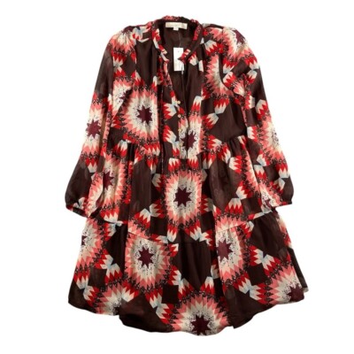 Loft NWT Women's Patchwork Tie Neck Pocket Dress Size XS Brown/Red/Pink
