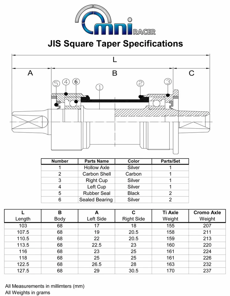 OMNI Racer Worlds Lightest Titanium JIS Square Taper Bottom Bracket 68x110mm - Image 2 of 4