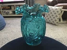 Fenton Vintage Vase Teal Blue Green Glass Ruffled Daffodil Floral 8” Beautiful