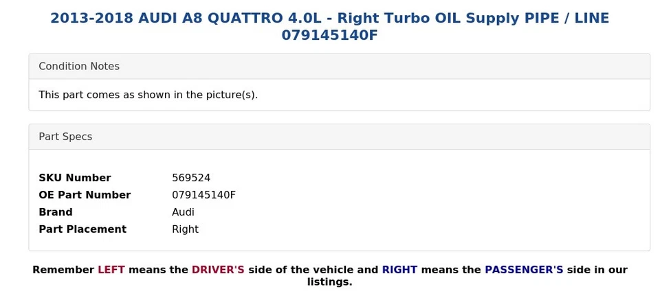 AUDI A8 QUATTRO 2013-2018 4,0 L - Tubo de suministro de aceite turbo derecho / línea 079145140F Foto 4 de 4