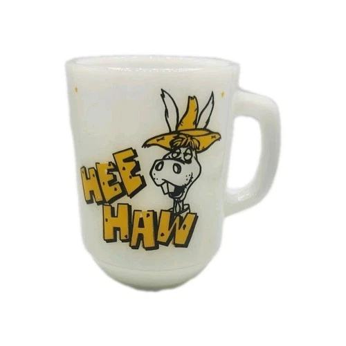 Vintage Anchor Hocking  Hee Haw  Milk Glass Mug Oven Proof