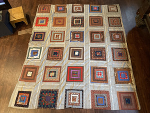 Primitive Antique ça 1900 Patchwork Quilt "Log Patch" AS IS CUTTER Deteriorating