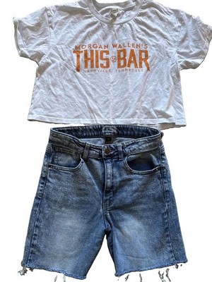 Girls Size 14 Denim Shorts And Adult Junior Small Cropped Morgan Wallen T Shirt 