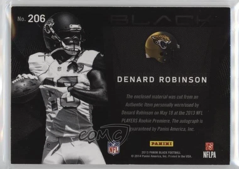 2013 Panini Black Signatures Materials Prime /299 Denard Robinson #206 Rookie RC - Image 2 of 2