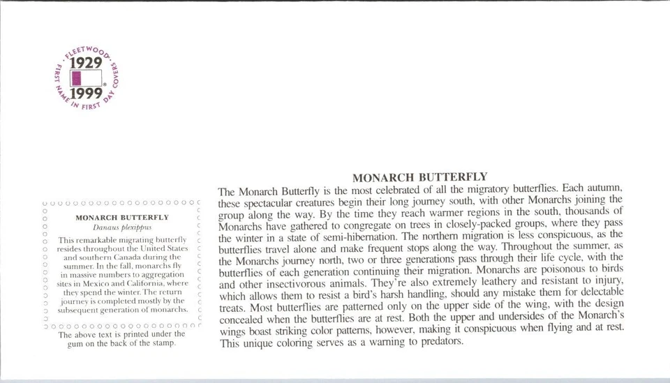 FDC 1999 SC #3351j Fleetwood, Monarch Butterfly - Indianapolis Ind - J18119 - Image 2 of 2