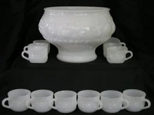Vintage JEANNETTE -FRUIT- Milk Glass White Punch Bowl & 20 Cups Set     #931