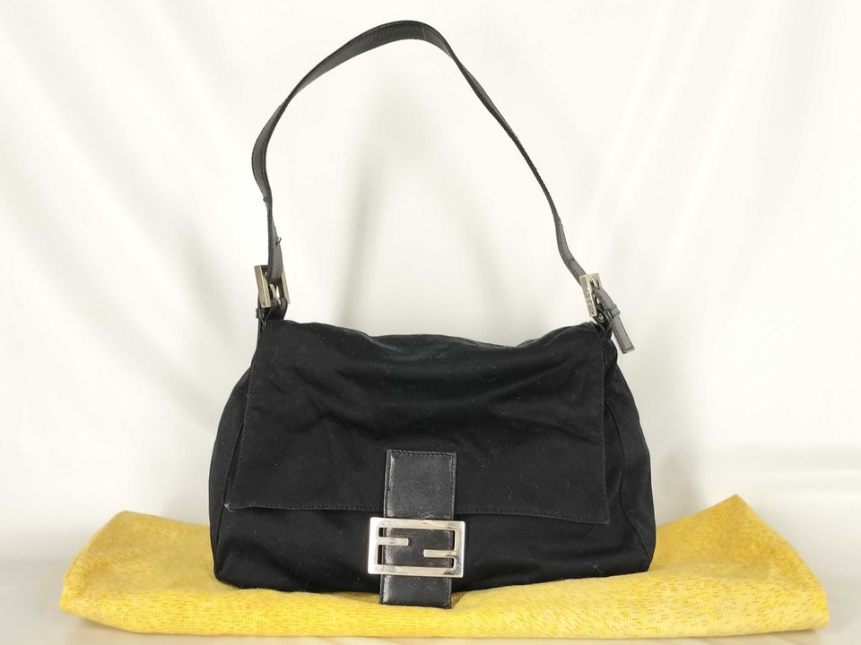 FENDI Mamma Baguette Shoulder Bag Jersey Black Silver Authentic