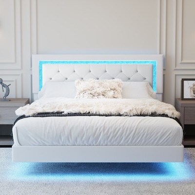 Bed frame with LED lights, diamond tufted headboard, and cushion