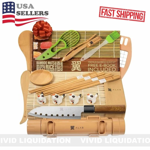 20 piece Sushi Making Set - Kit for Beginner & Pro with Knife Mats Bazooka Plate
