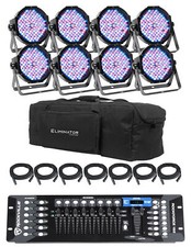 8 Eliminator American DJ Mega Flat PAK8 EP RGBUV Wash Lights DMX Controller Bag