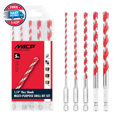 Multi-Purpose Carbide Tip Drill Bit Set - 5 Pcs Hex Shank Masonry Drill Bi