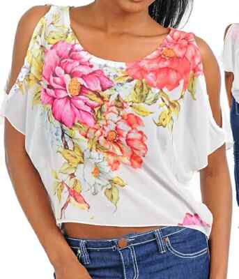 White/Pink/Coral Floral Hi-Low Split Cut-Out Cold Shoulder Blouse Top