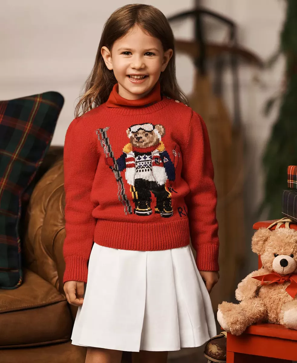 NWT $165 POLO RALPH LAUREN Girls 6X Polo Bear Sweater intarsia knit  Cotton-Wool