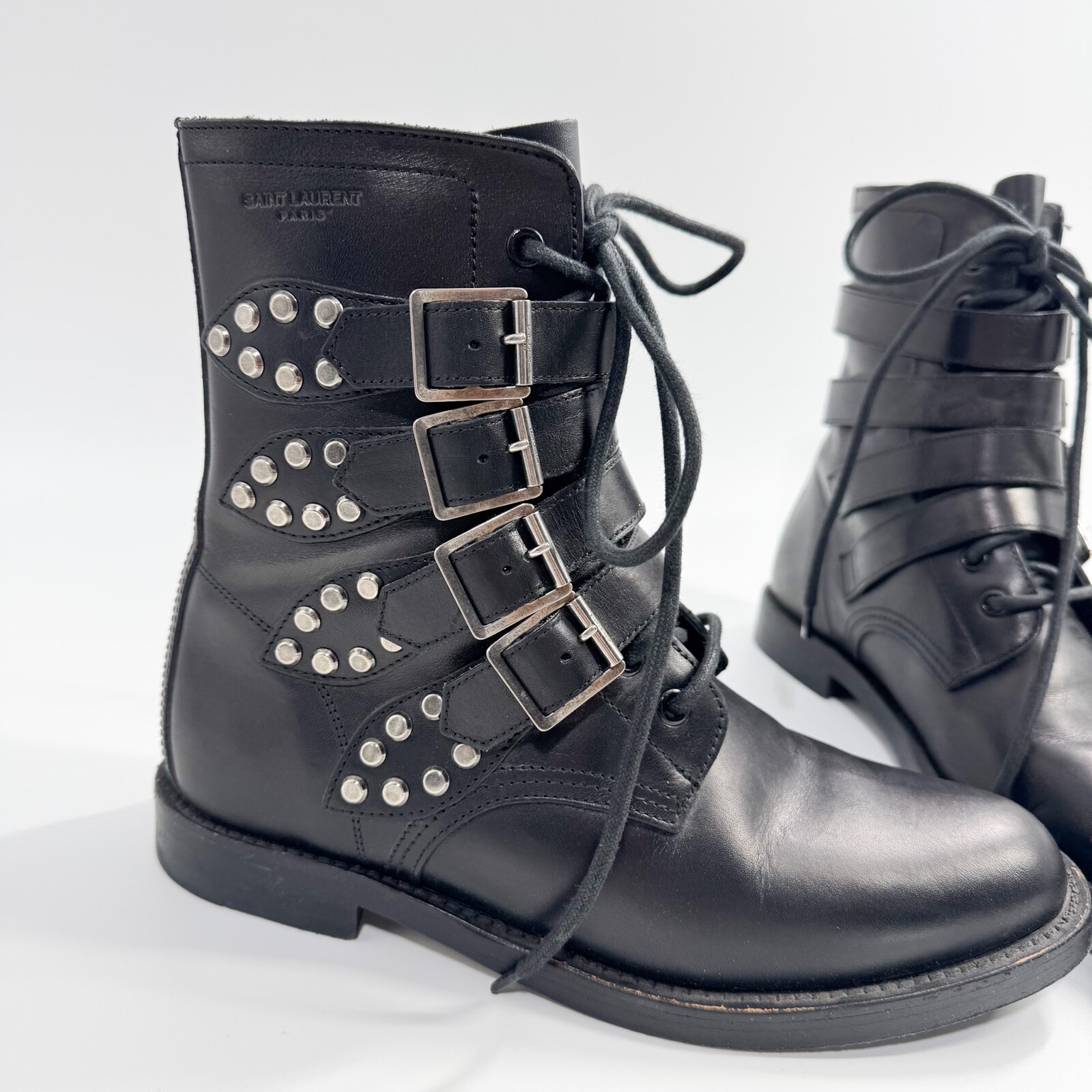 Stivali Rangers Saint Laurent in pelle nera con borchie e cinturino 39