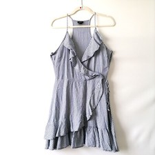 rue21 Womens Blue White V Neck Side Tie Striped Ruffle Trim Wrap Dress Size L