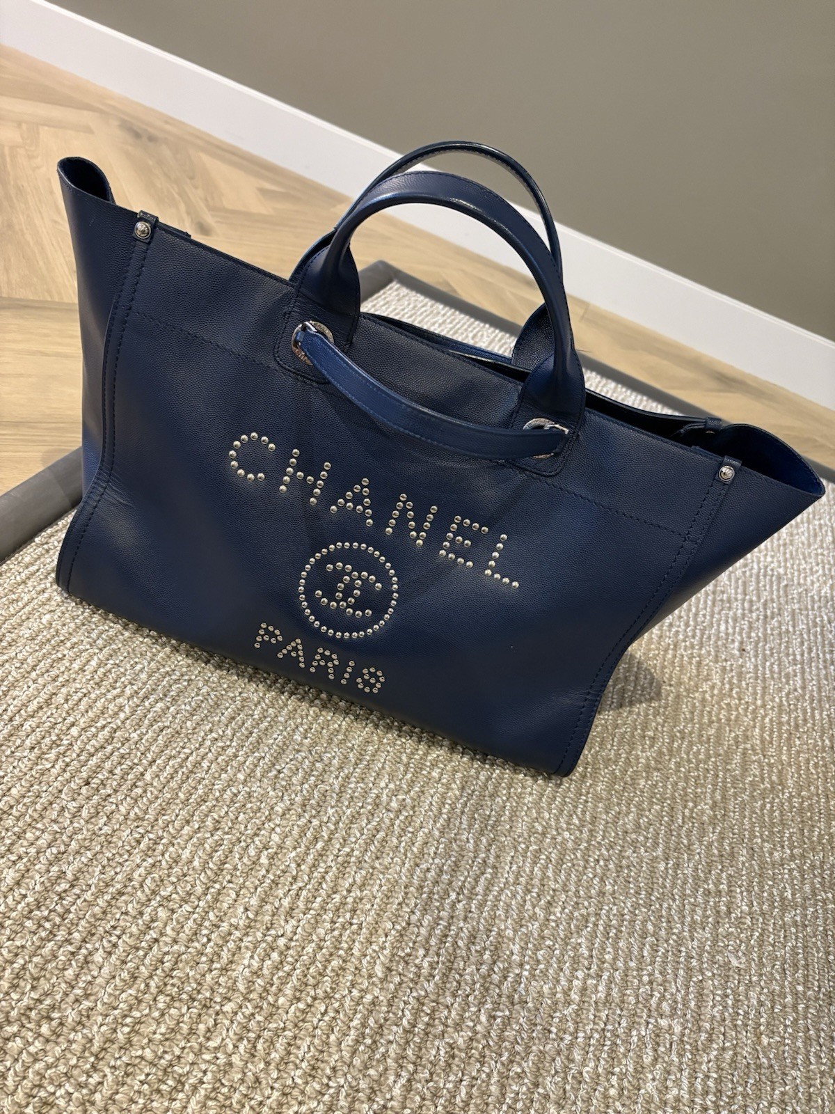 Chanel Leather Studded Navy Deauville Chain Shoulder Bag