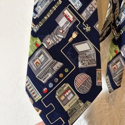 Nicole Miller 1995 Silk Tie Retro Computer Tech Nerd Novelty Navy