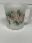 ANCHOR HOCKING Fire King  Cabbage Pink Rose Design Milk Glass Coffee Mug Vintage
