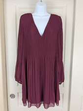 Wilfred Burgundy Chiffon Dress Size L Lined Vneck Sheer Sleeve Pleated NWT $148