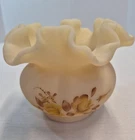 VTG Fenton Ruffled Custard Satin Glass Rose Bowl Vase Hand Painted Signed