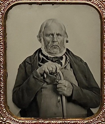 1/6th Plate Ambrotype - Old Timer With Cane - Full Thermoplastic Union Case