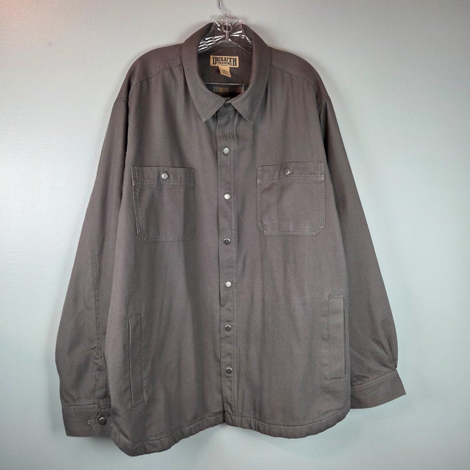 Duluth Trading Jacket Mens 2XL Gray Canvas Snap Flannel Lined Shacket Shirt