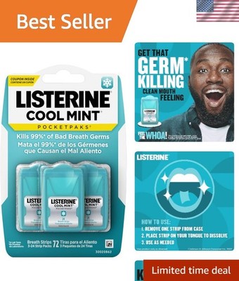 Sugar Free Cool Mint Breath Strips for Instant Freshness - 3 Packs of 24 Strips