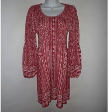 Angie Red White Geometric Boho Smocked Bell Sleeve Mini Dress Womens Large