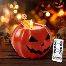Flameless Pumpkin & Skeleton Candles, Battery Operated with Remote for Halloween