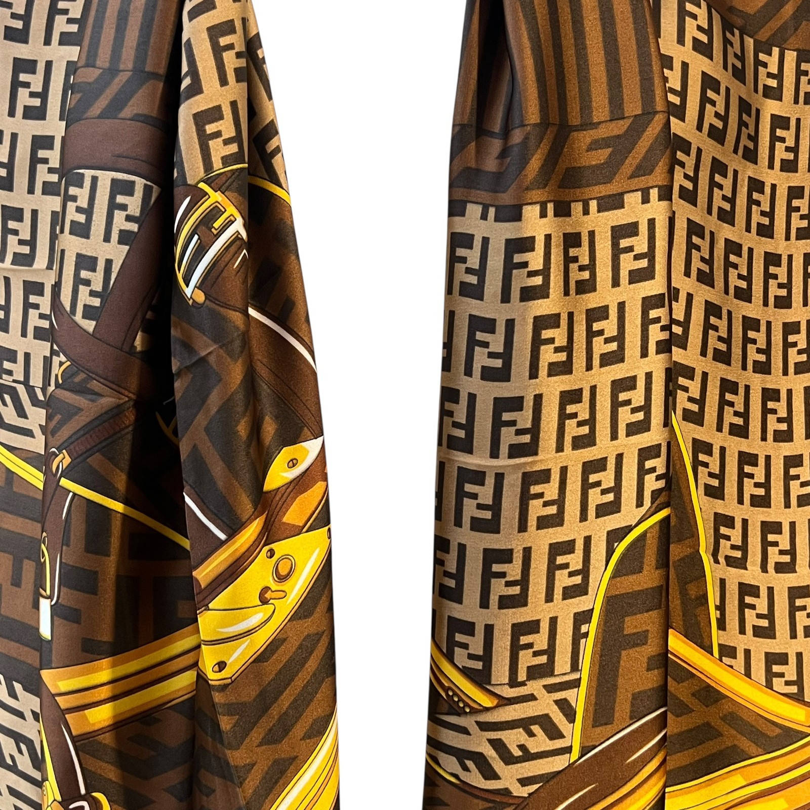 Fendi FF Monogram Silk Scarf Vintage Luggage Print Brown Gold Made in Italy Auth thumbnail 4