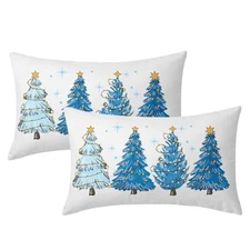 Blue Christmas Tree Lumbar Throw Pillow Covers 12X20 In Set of 2 Xmas Tree 