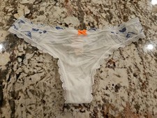 True Vintage Victoria Secret Soft Satin  Lace Thong Panty White  Blue Small
