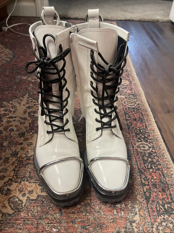 36.5 ❤️ Botas de Combate Alexander Wang Gorra de Metal Cuero Blanco Motociclista Moto Foto 2 de 4