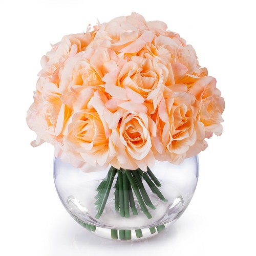 21 Roses Silk Flower Arrangement in Round Clear Glass Vase With Faux Water - Picture 12 of 13