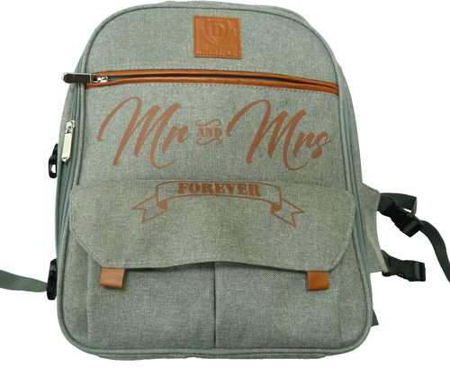 DELUXY Mr. and Mrs. Insulated Cooler Picnic Backpack for 2 Grey with a blanket