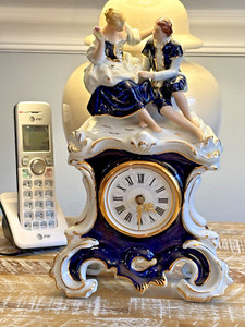Cobalt Blue Porcelain Clock w/couple Romance 30 cm, Royal Dux Bohemia-Works-Rare