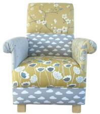 Grey Mustard Patchwork Fabric Adult Chair Armchair Stars Clouds Accent Ochre New
