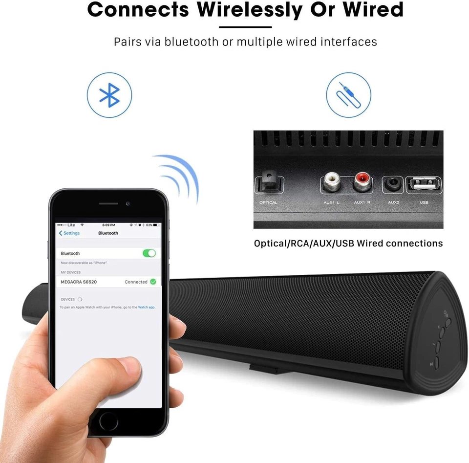 Barra de Sonido, MEGACRA TV Barra de Sonido con Doble Puerto de Bajos Cableado e Inalámbrico Bluetooth Foto 2 de 4