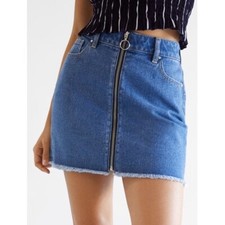 PacSun Blue Jean Denim Mini Skirt Full Zip Front Size 25 Raw Hem 100 cotton