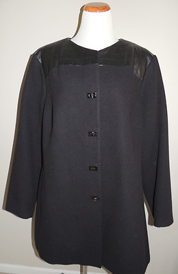 WOMENS ALFANI WOMAN BLACK WOOL BLEND W/FAUX LEATHER COAT 