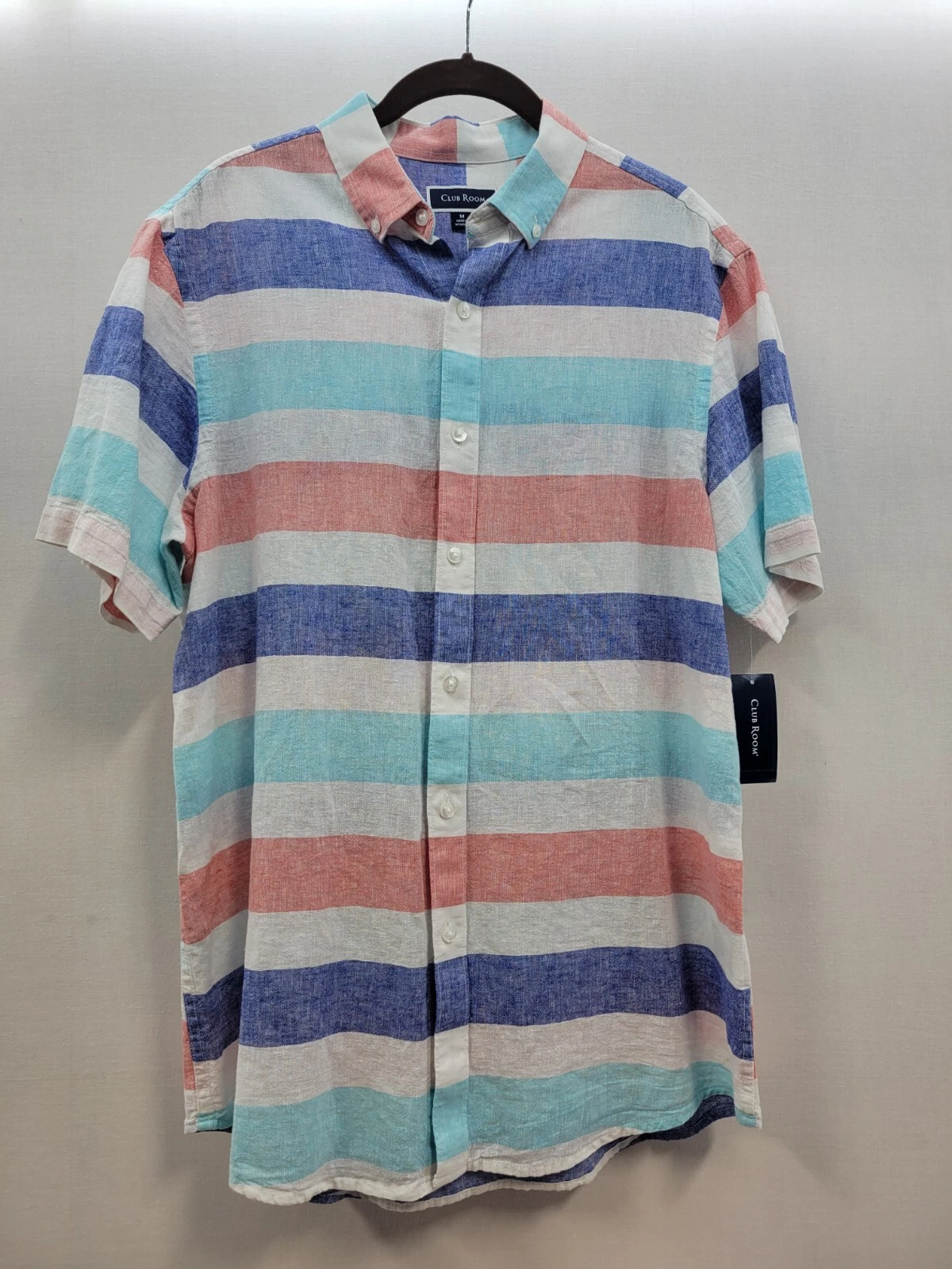 Club Room Mens Button Front Linen Blend Shirt Top Sz Medium Blue Stripe 3586