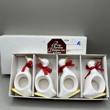 (4) Ron Gordon Designs Ceramic Duck Napkin Rings NOS 80s Vtg Red Tie Gift Box